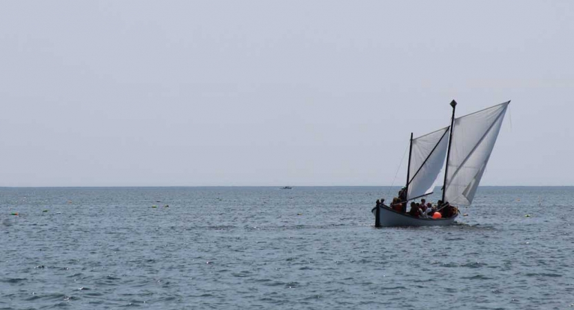 From a distance, a sailboat with white sails floats on water under a gray-blue sky.